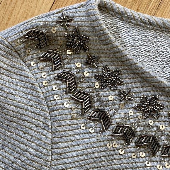 NWT Talbots Embellished Crewneck Fair Isle Gray Pinstripe 3/4 Sleeve Top Size M - Picture 7 of 8